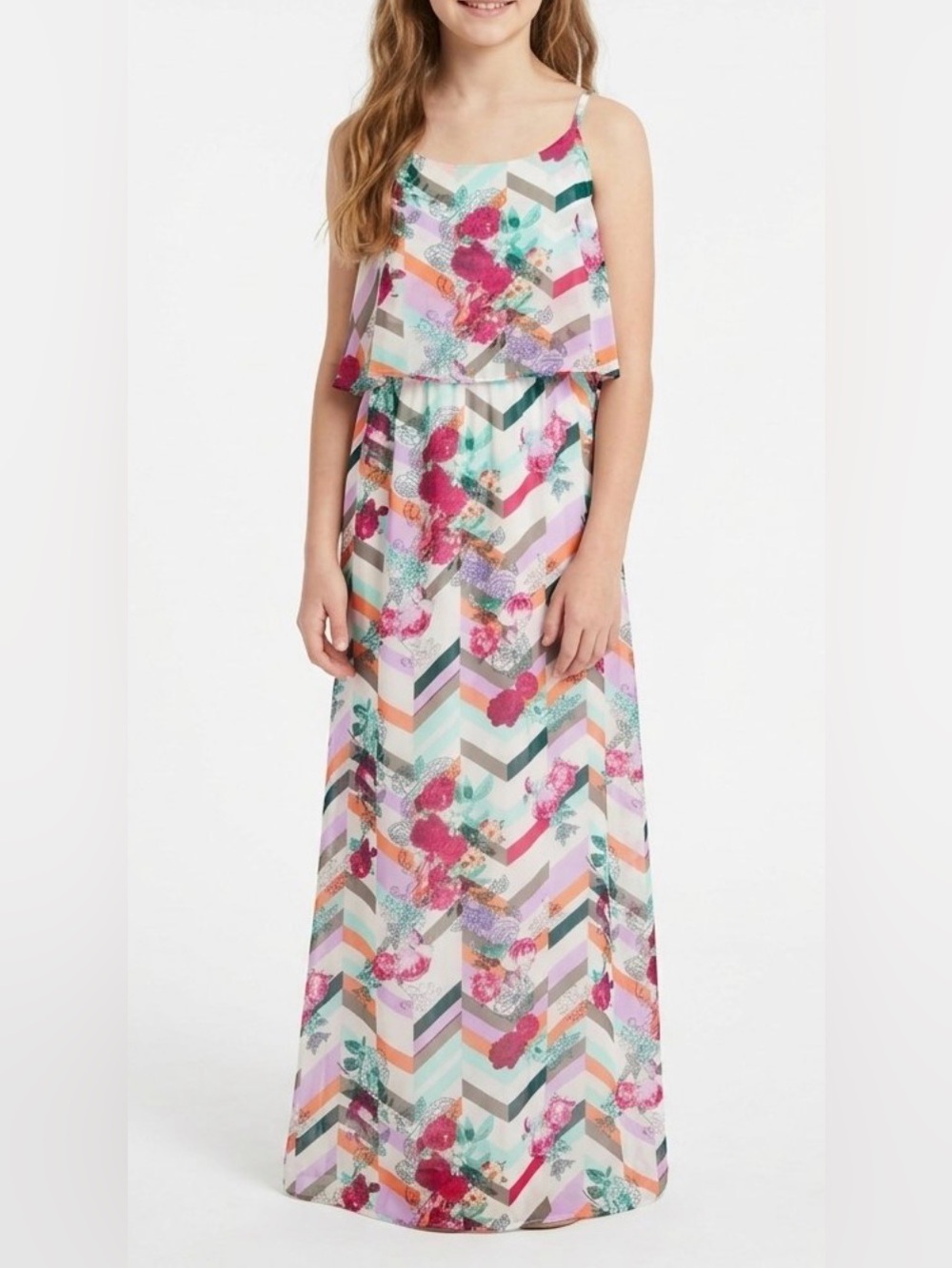 Cato Girls Large 14/16 Floral Chevron Layered Maxi Dress w Straps Party, Wedding